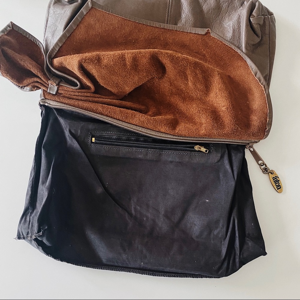 taupe brown leather foldover clutch - pleated knot bow detail handbag - Picture 7 of 8